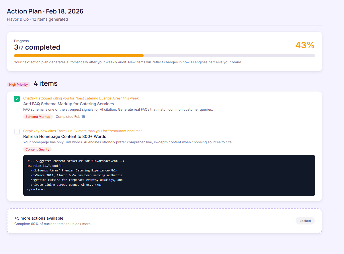 AI-generated action plan with copy-paste code